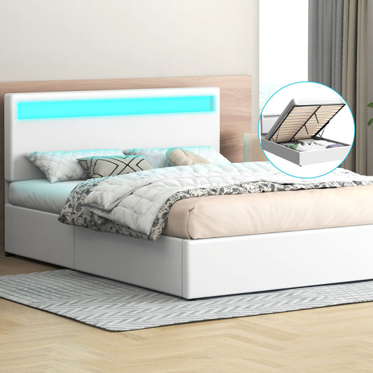 ALFORDSON Bed Frame Queen Size RGB LED Gas Lift Storage Base White LUCHINO