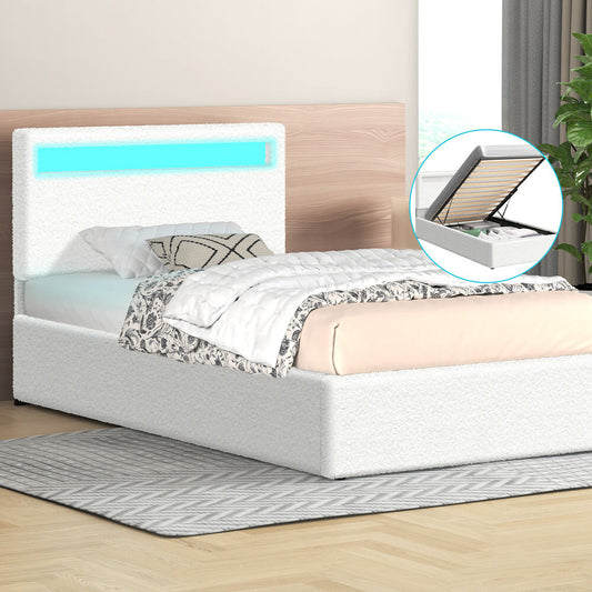 ALFORDSON Bed Frame Single Size RGB LED Gas Lift Storage Base Boucle LUCHINO