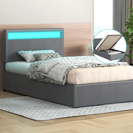 ALFORDSON Bed Frame Single Size RGB LED Gas Lift Storage Base Grey LUCHINO