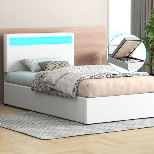 ALFORDSON Bed Frame Single Size RGB LED Gas Lift Storage Base White LUCHINO