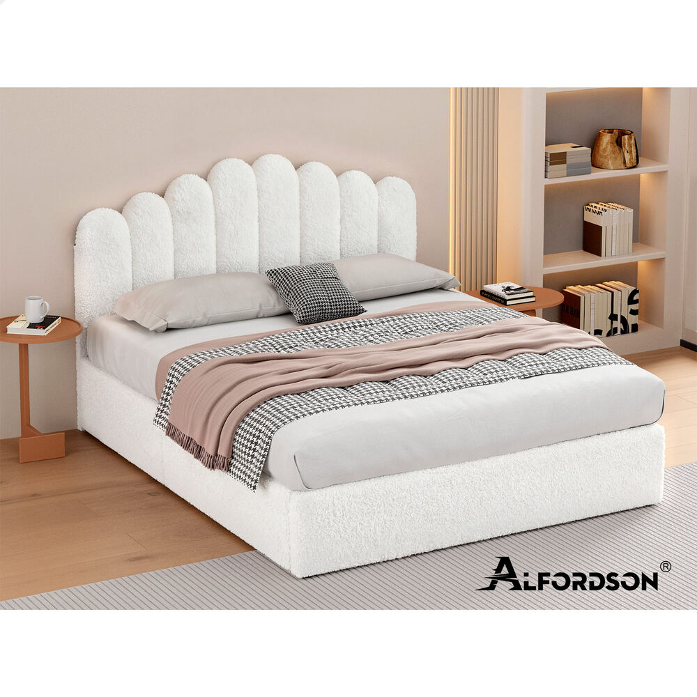 ALFORDSON Bed Frame Double Size Gas Lift Storage Base Wooden Boucle White MUTIS