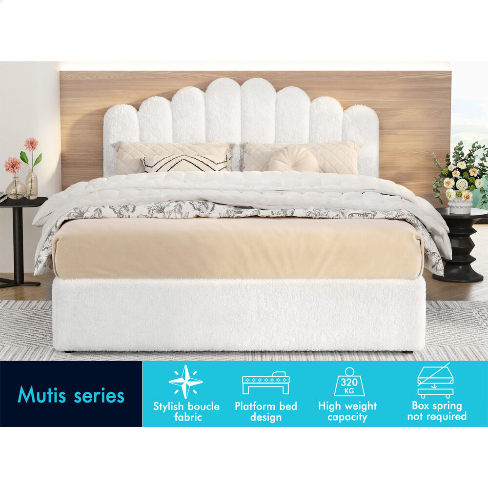 ALFORDSON Bed Frame Double Size Gas Lift Storage Base Wooden Boucle White MUTIS