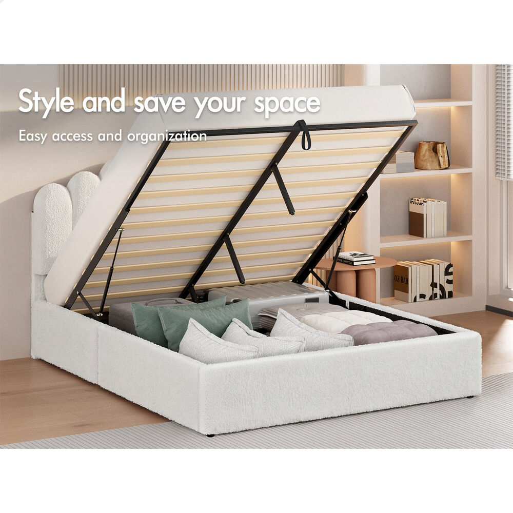 ALFORDSON Bed Frame Double Size Gas Lift Storage Base Wooden Boucle White MUTIS