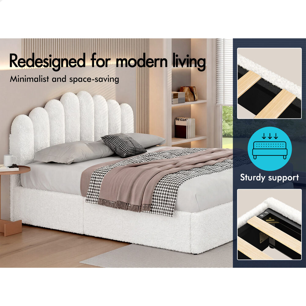 ALFORDSON Bed Frame Double Size Gas Lift Storage Base Wooden Boucle White MUTIS