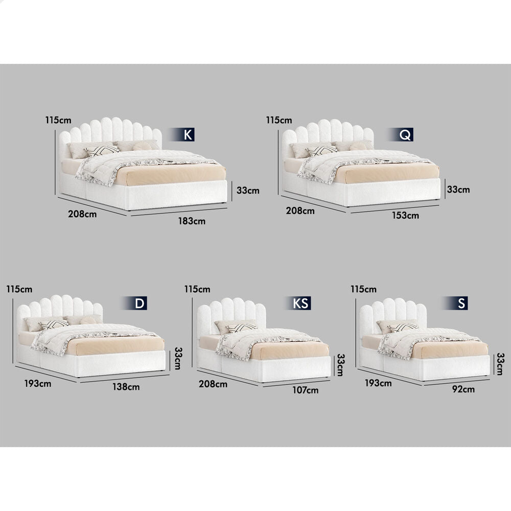 ALFORDSON Bed Frame King Single Gas Lift Storage Base Wooden Boucle White MUTIS