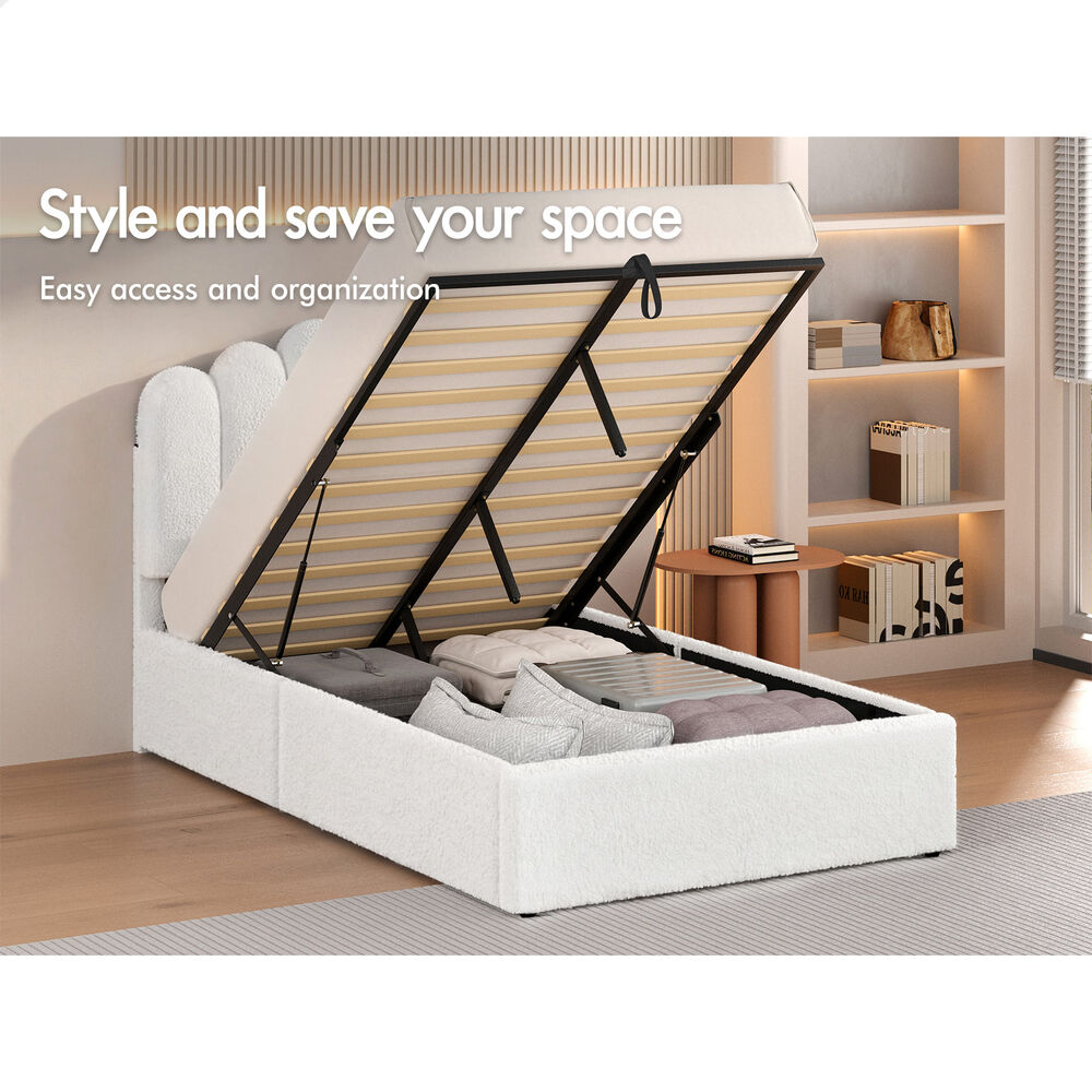 ALFORDSON Bed Frame King Single Gas Lift Storage Base Wooden Boucle White MUTIS