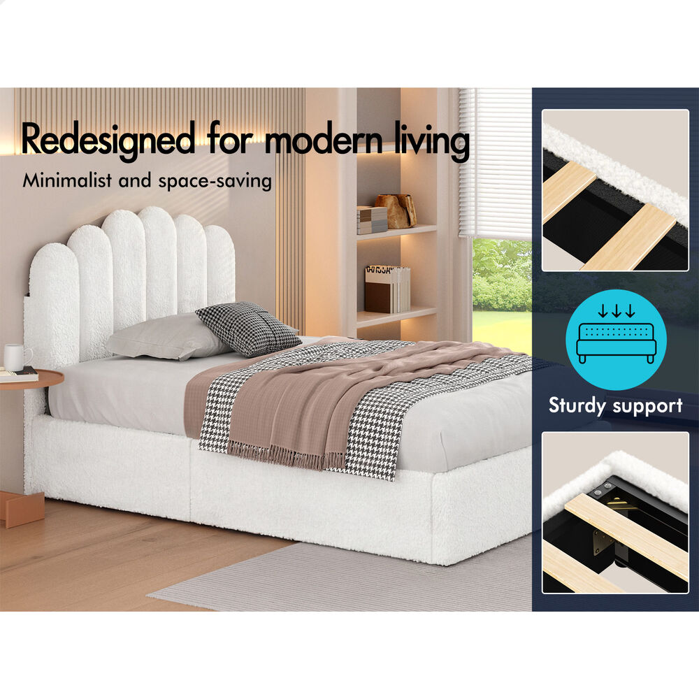 ALFORDSON Bed Frame Single Size Gas Lift Storage Base Wooden Boucle White MUTIS