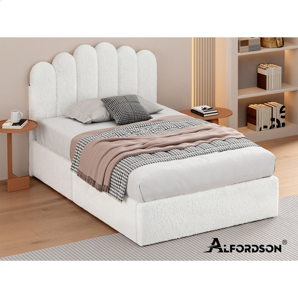 ALFORDSON Bed Frame Single Size Gas Lift Storage Base Wooden Boucle White MUTIS