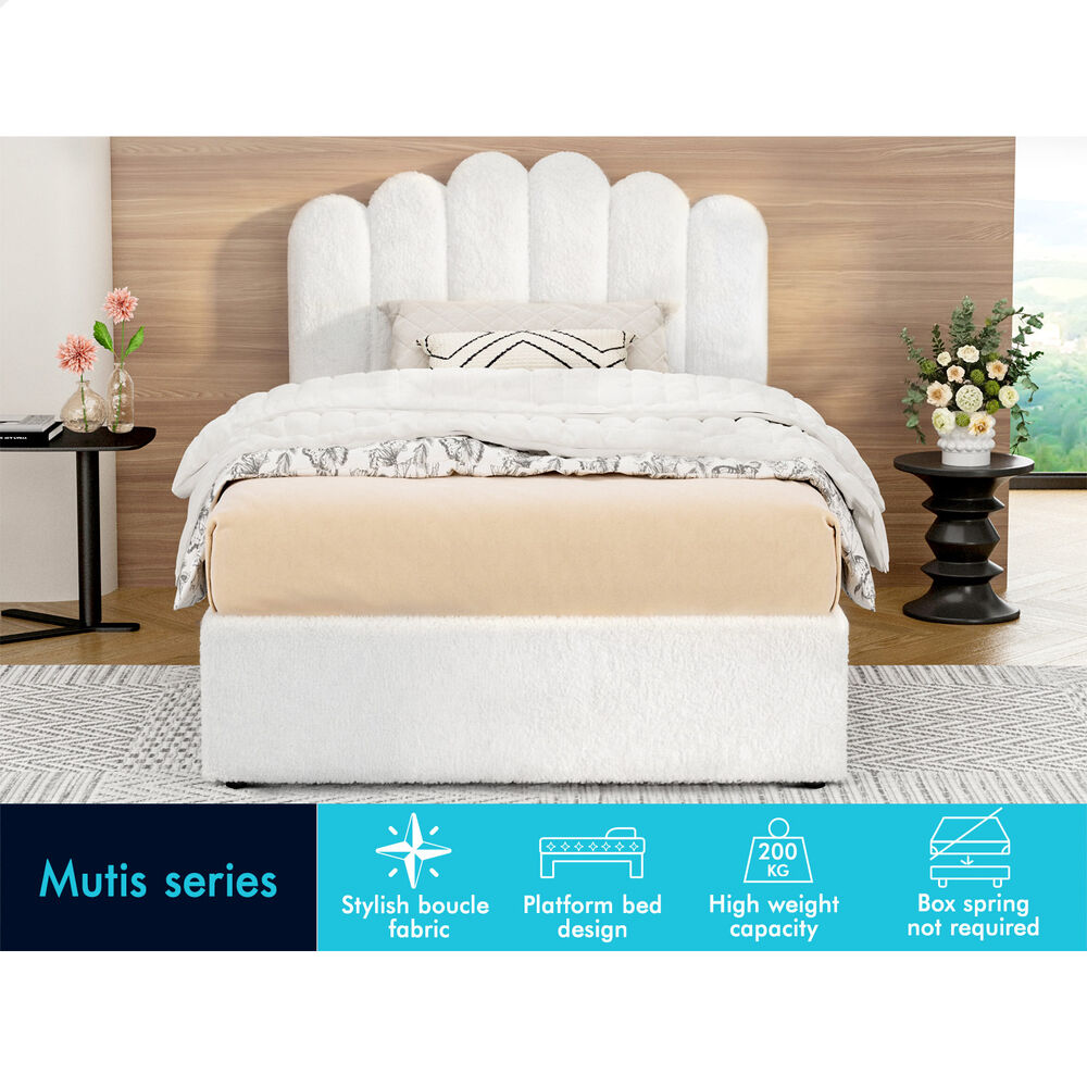 ALFORDSON Bed Frame Single Size Gas Lift Storage Base Wooden Boucle White MUTIS