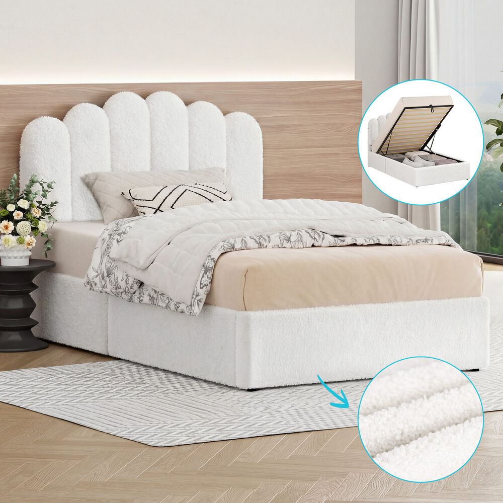 ALFORDSON Bed Frame Single Size Gas Lift Storage Base Wooden Boucle White MUTIS