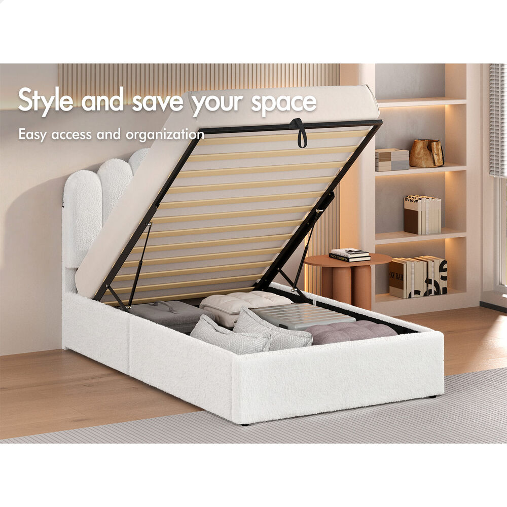 ALFORDSON Bed Frame Single Size Gas Lift Storage Base Wooden Boucle White MUTIS