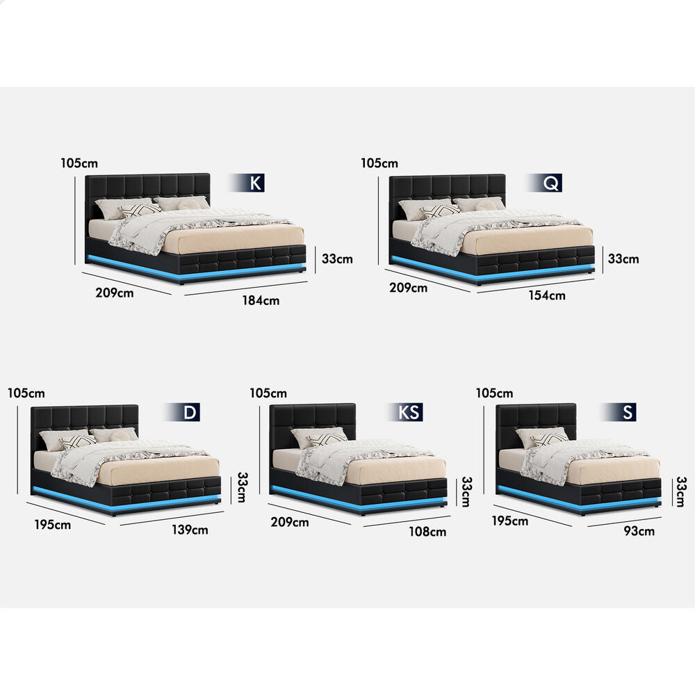 ALFORDSON Bed Frame Double Size Platform RGB LED Gas Lift Base Storage Black