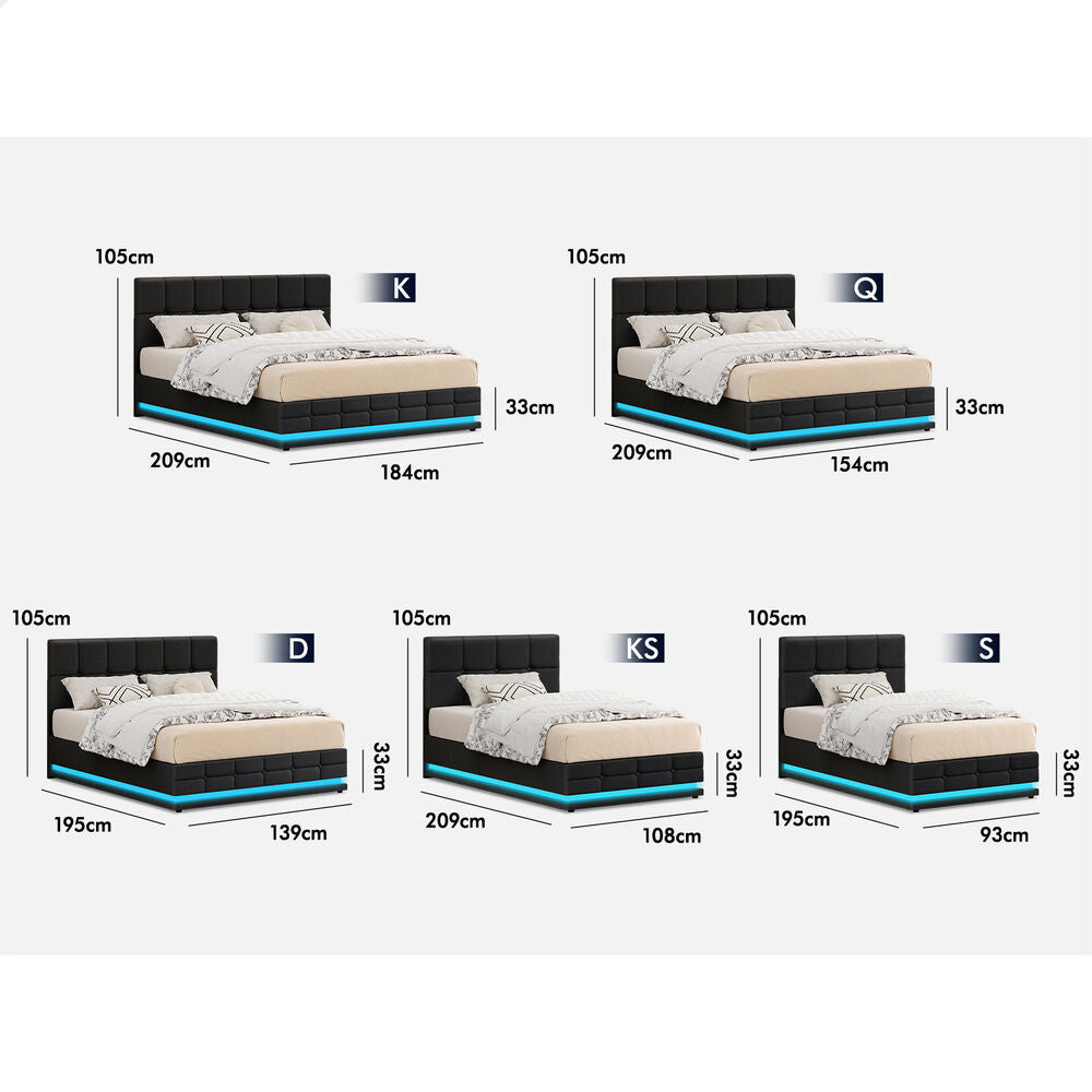 ALFORDSON Bed Frame Double Size Platform RGB LED Gas Lift Base Storage Charcoal