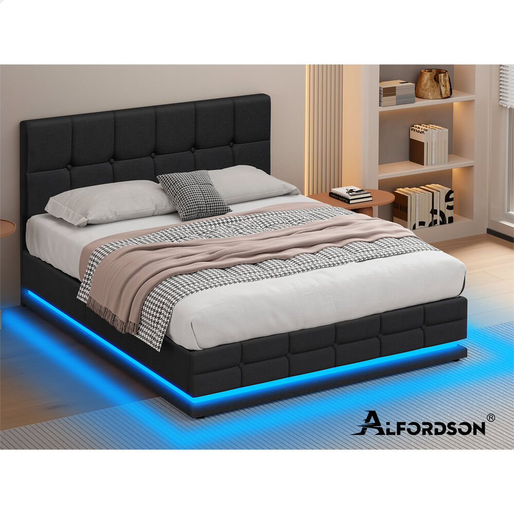 ALFORDSON Bed Frame Double Size Platform RGB LED Gas Lift Base Storage Charcoal