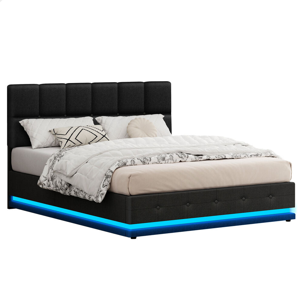 ALFORDSON Bed Frame Double Size Platform RGB LED Gas Lift Base Storage Charcoal