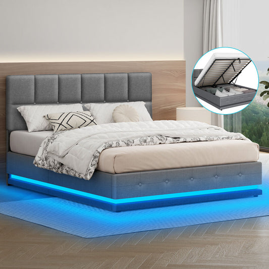 ALFORDSON Bed Frame Double Size Platform RGB LED Gas Lift Base Storage Grey