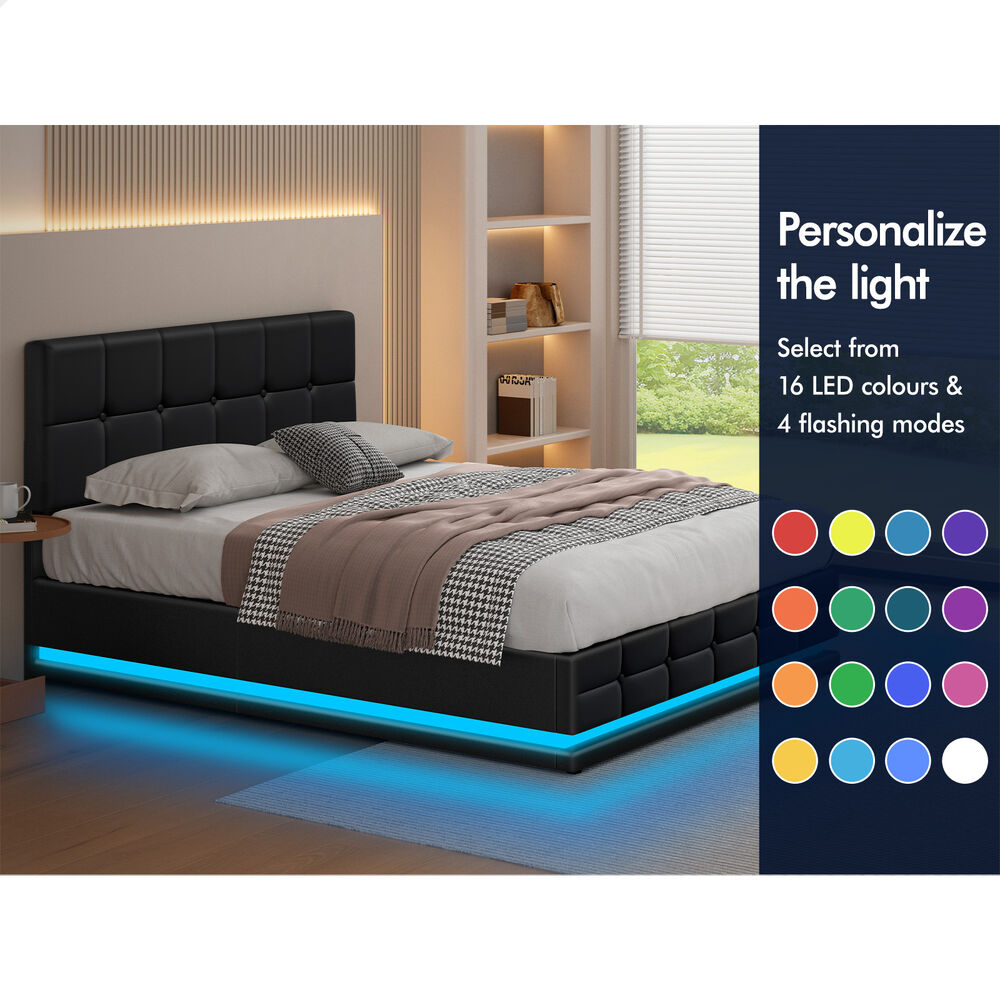 ALFORDSON Bed Frame King Size Platform RGB LED Gas Lift Base Storage Black