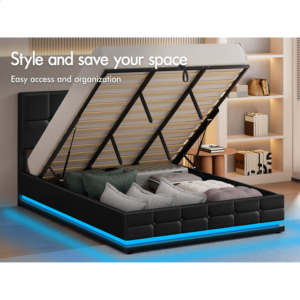 ALFORDSON Bed Frame King Size Platform RGB LED Gas Lift Base Storage Black
