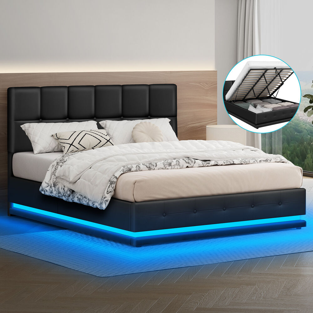 ALFORDSON Bed Frame King Size Platform RGB LED Gas Lift Base Storage Black