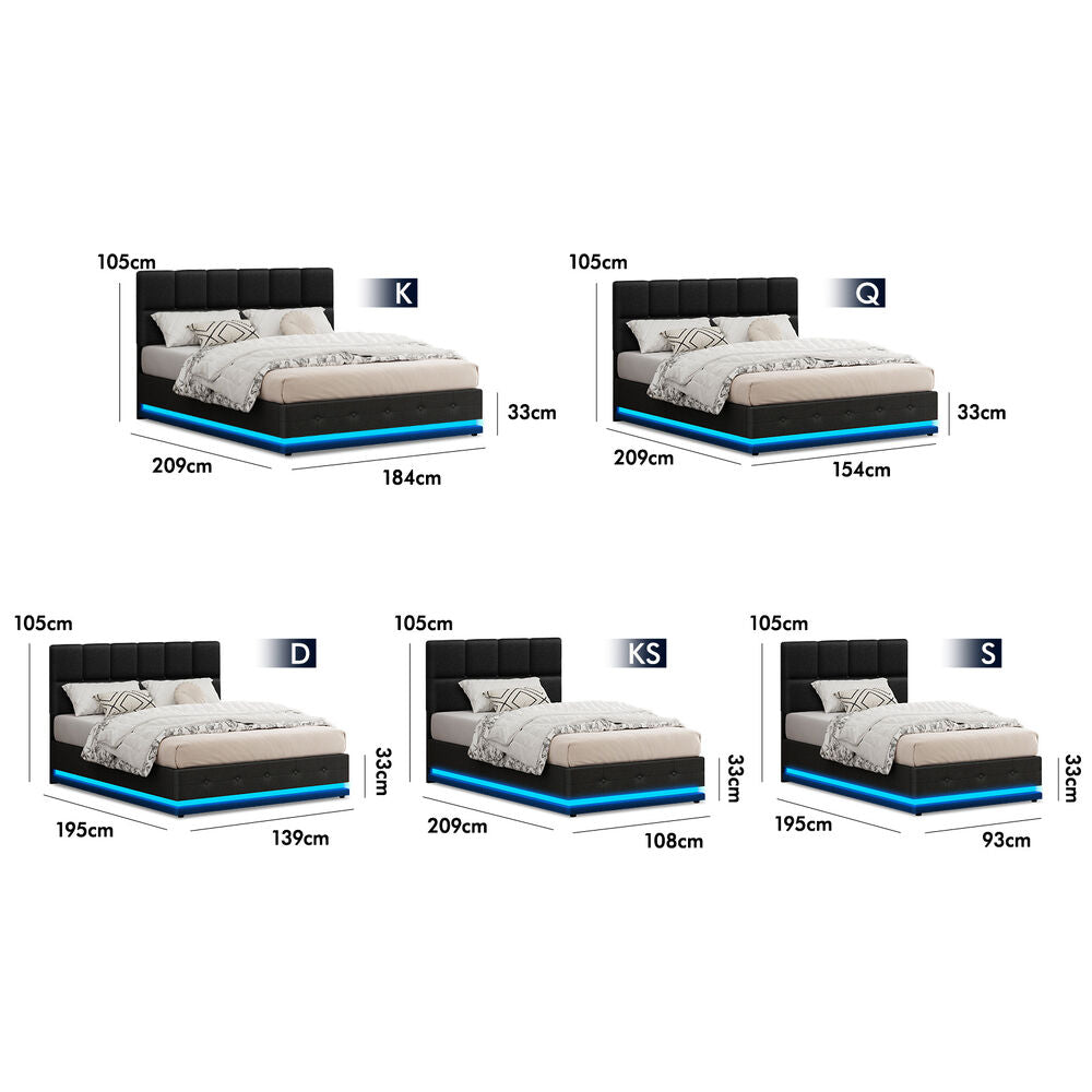 ALFORDSON Bed Frame King Size Platform RGB LED Gas Lift Base Storage Charcoal