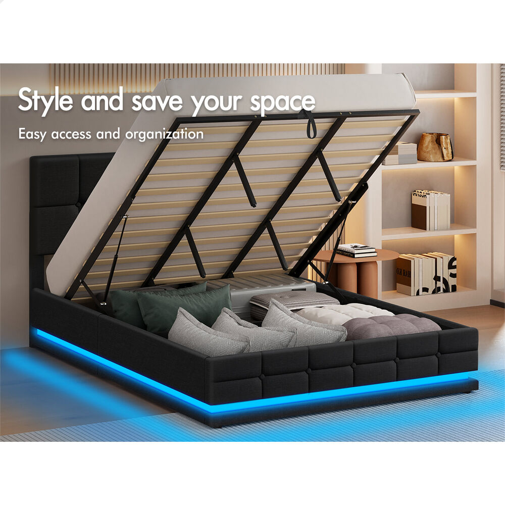 ALFORDSON Bed Frame King Size Platform RGB LED Gas Lift Base Storage Charcoal