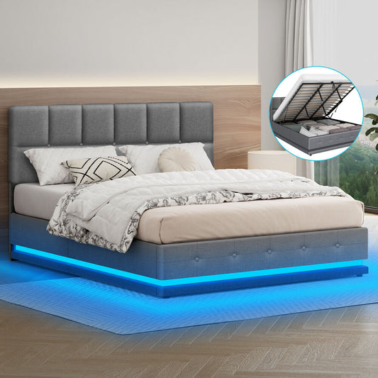 ALFORDSON Bed Frame King Size Platform RGB LED Gas Lift Base Storage Grey