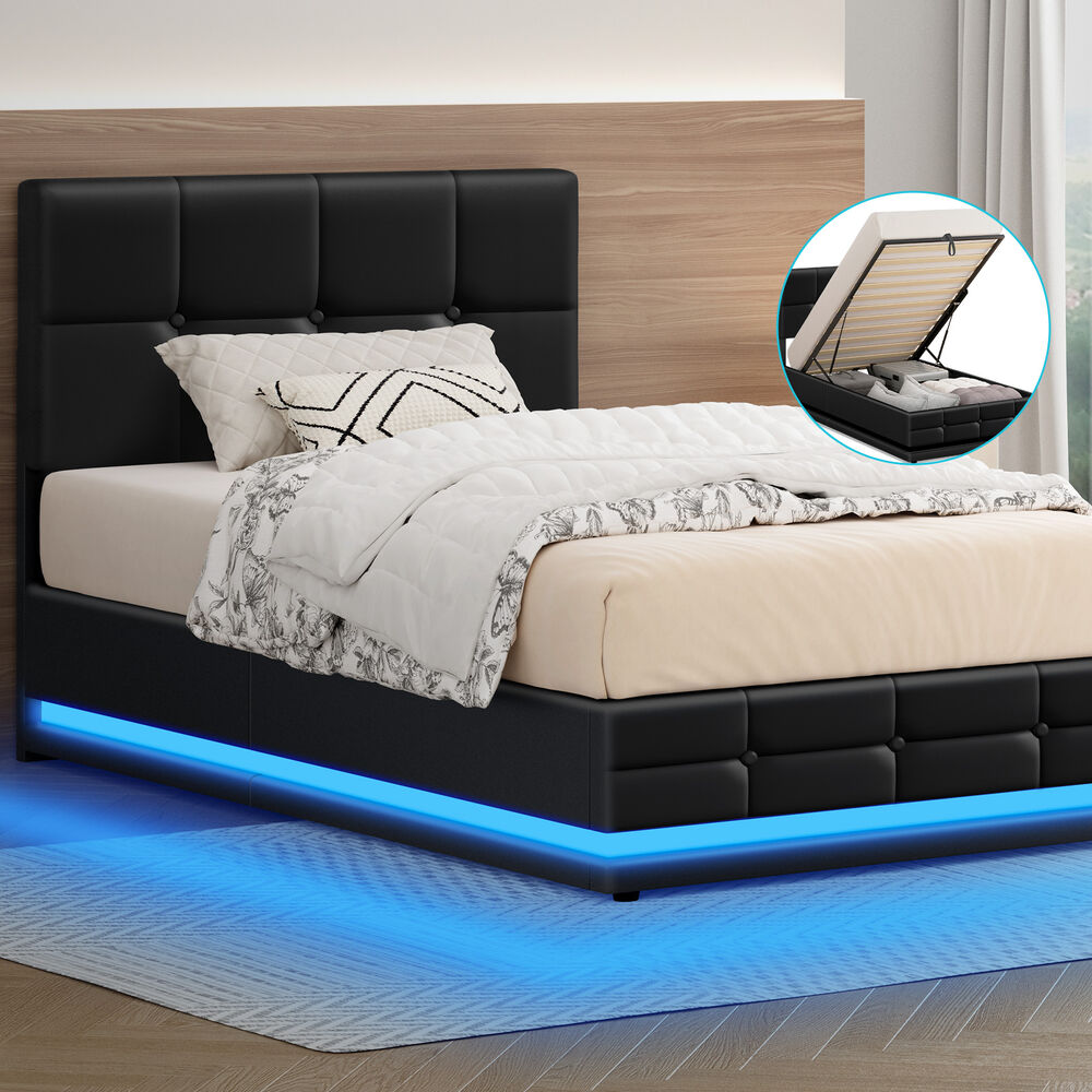 ALFORDSON Bed Frame King Single Platform RGB LED Gas Lift Base Storage Black