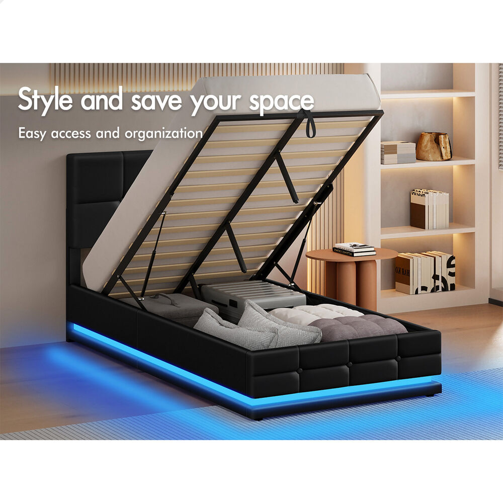 ALFORDSON Bed Frame King Single Platform RGB LED Gas Lift Base Storage Black