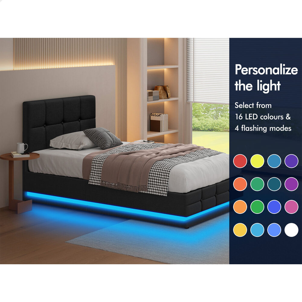 ALFORDSON Bed Frame King Single Platform RGB LED Gas Lift Base Storage Charcoal