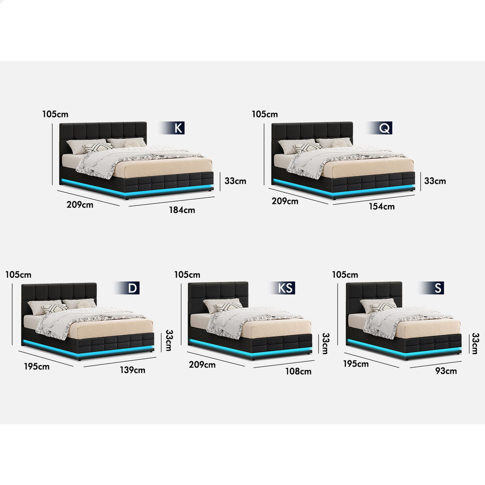 ALFORDSON Bed Frame King Single Platform RGB LED Gas Lift Base Storage Charcoal