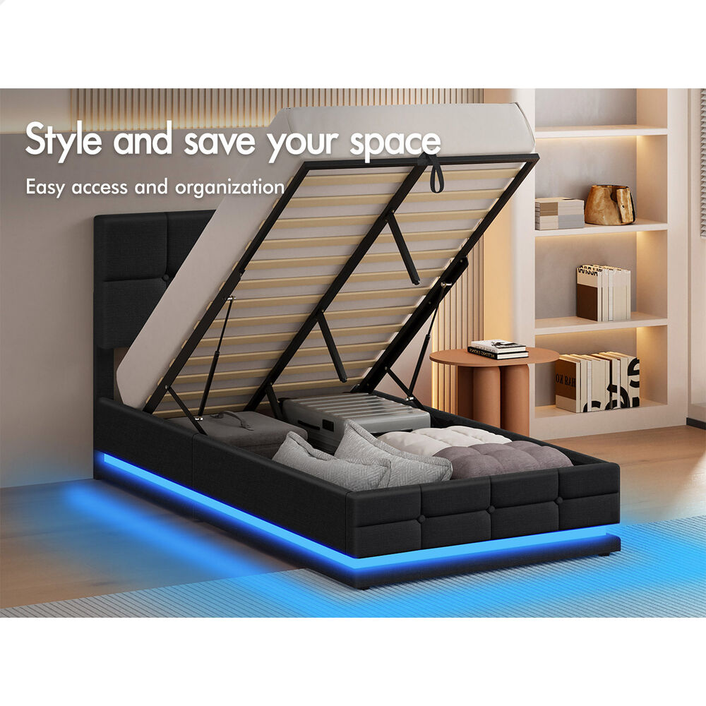 ALFORDSON Bed Frame King Single Platform RGB LED Gas Lift Base Storage Charcoal