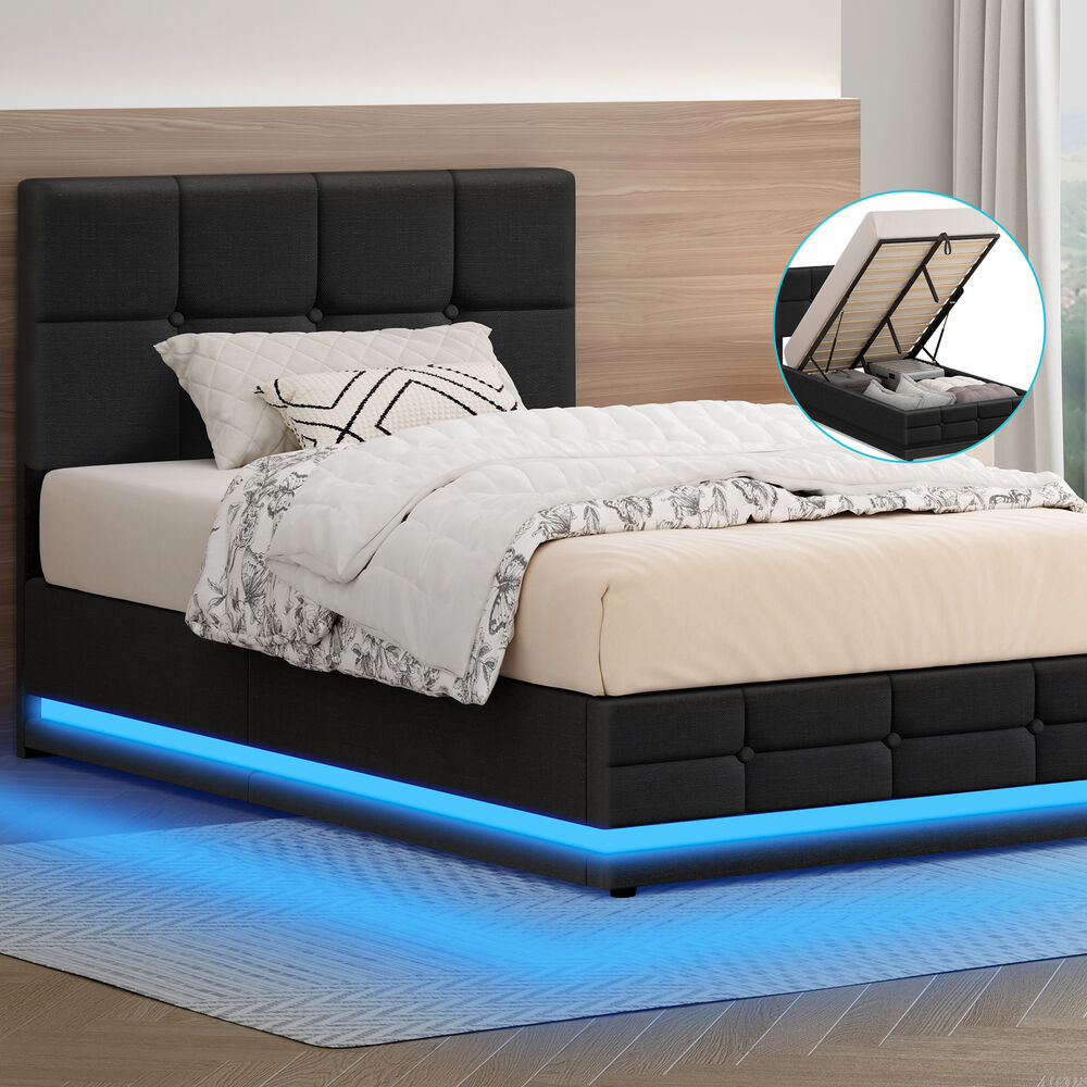 ALFORDSON Bed Frame King Single Platform RGB LED Gas Lift Base Storage Charcoal