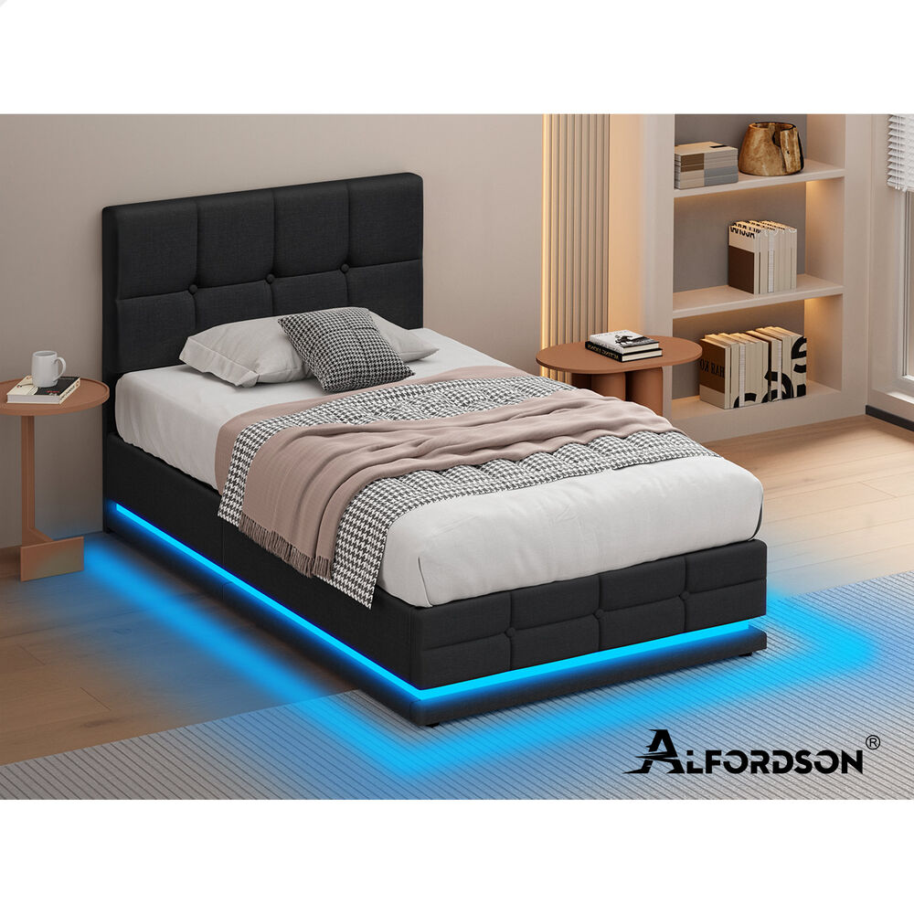 ALFORDSON Bed Frame King Single Platform RGB LED Gas Lift Base Storage Charcoal