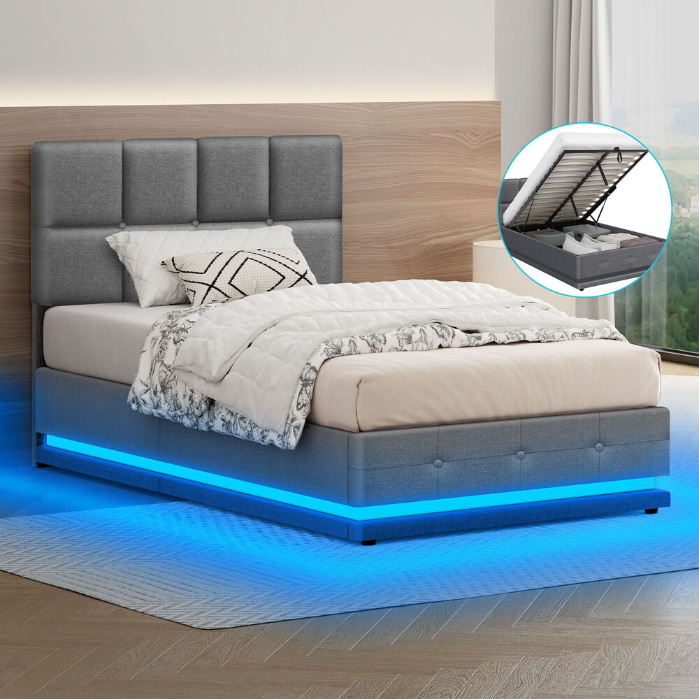 ALFORDSON Bed Frame King Single Platform RGB LED Gas Lift Base Storage Grey