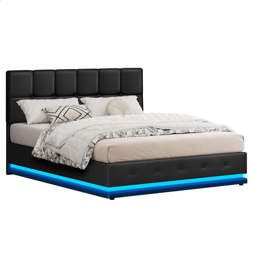 ALFORDSON Bed Frame Queen Size Platform RGB LED Gas Lift Base Storage Black