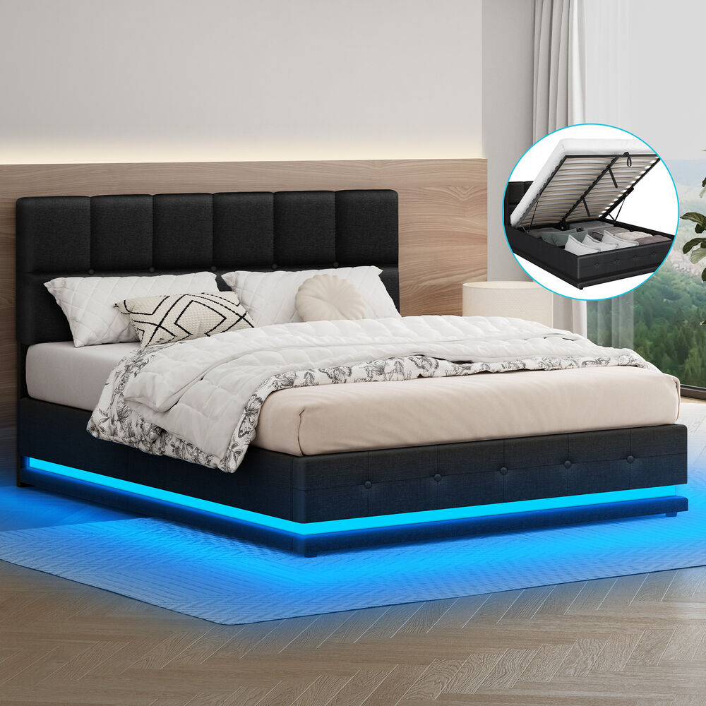 ALFORDSON Bed Frame Queen Size Platform RGB LED Gas Lift Base Storage Charcoal