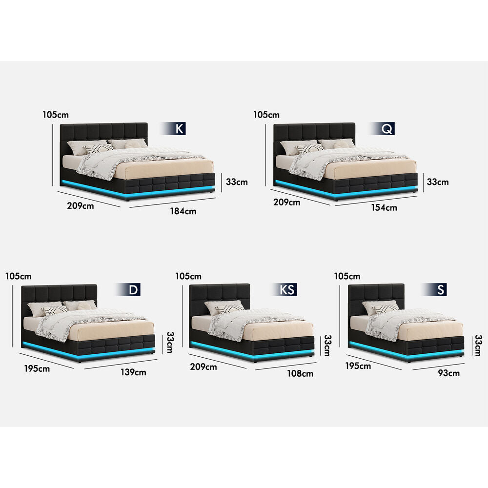 ALFORDSON Bed Frame Queen Size Platform RGB LED Gas Lift Base Storage Charcoal