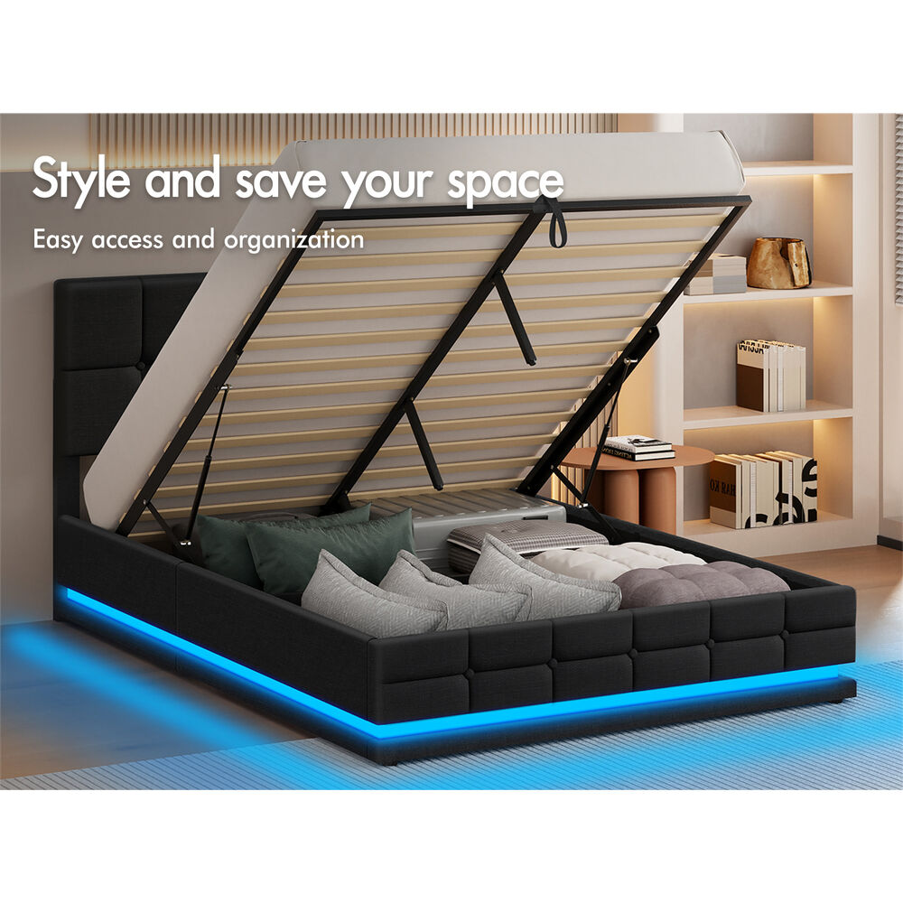 ALFORDSON Bed Frame Queen Size Platform RGB LED Gas Lift Base Storage Charcoal