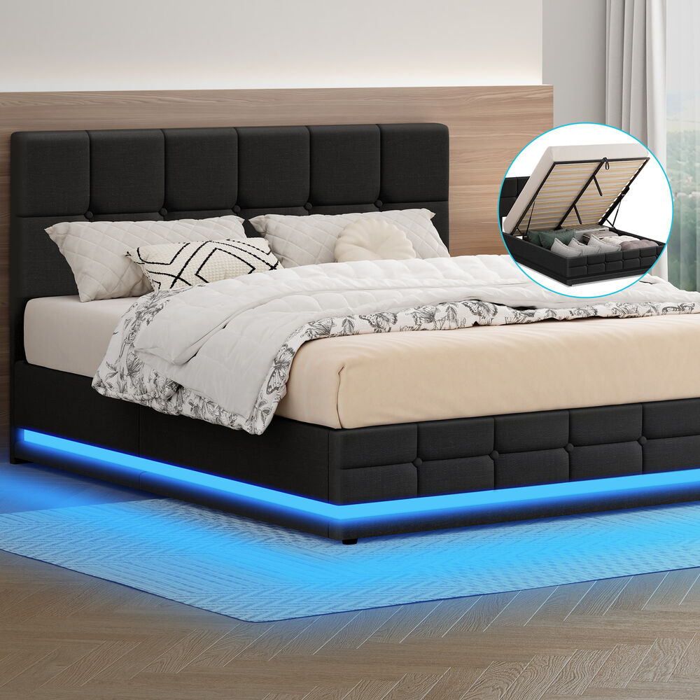 ALFORDSON Bed Frame Queen Size Platform RGB LED Gas Lift Base Storage Charcoal