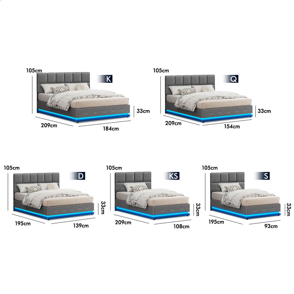 ALFORDSON Bed Frame Queen Size Platform RGB LED Gas Lift Base Storage Grey