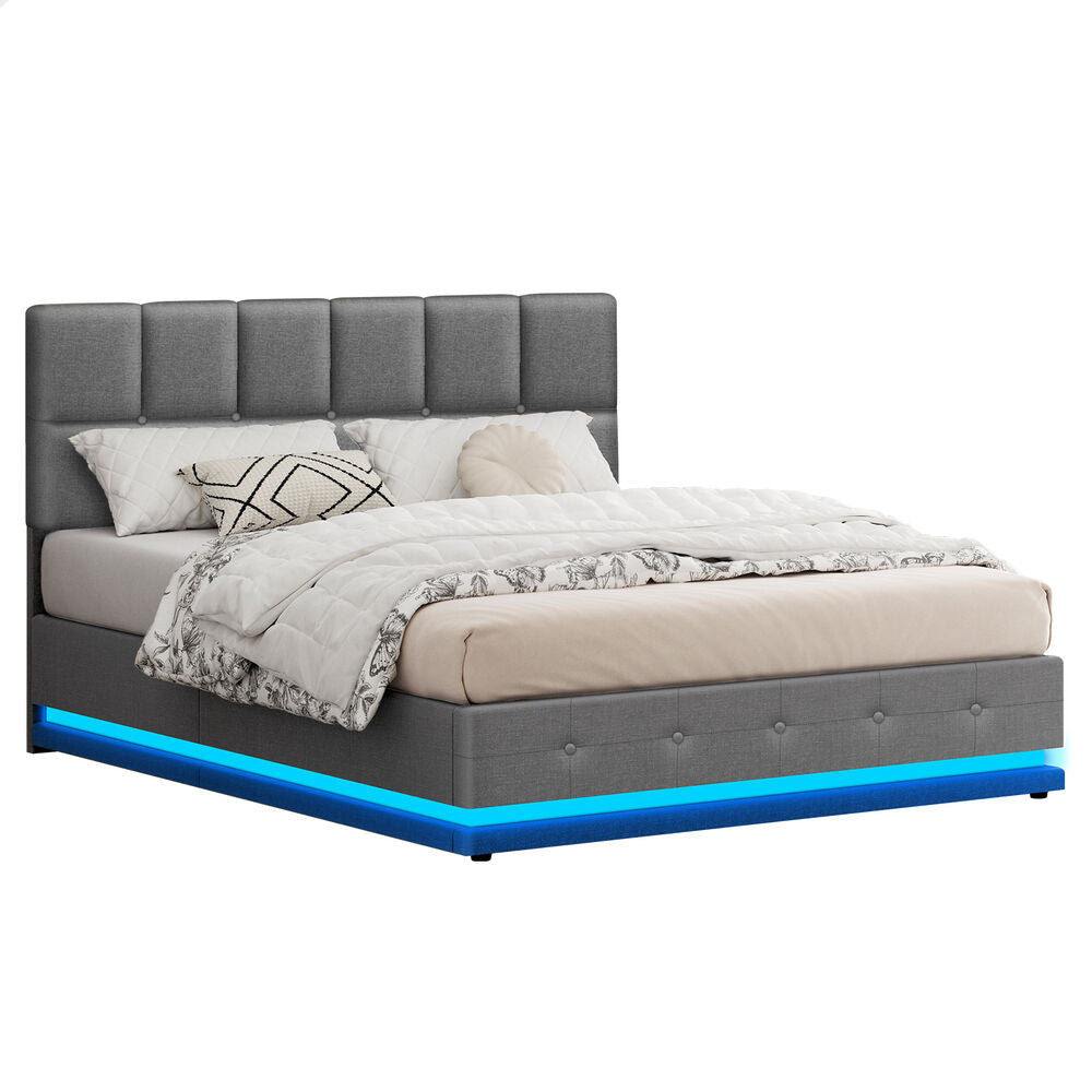 ALFORDSON Bed Frame Queen Size Platform RGB LED Gas Lift Base Storage Grey