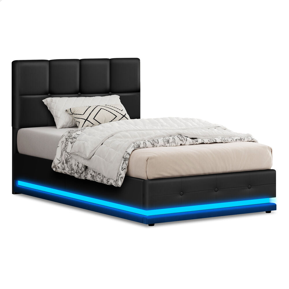ALFORDSON Bed Frame Single Size Platform RGB LED Gas Lift Base Storage Black