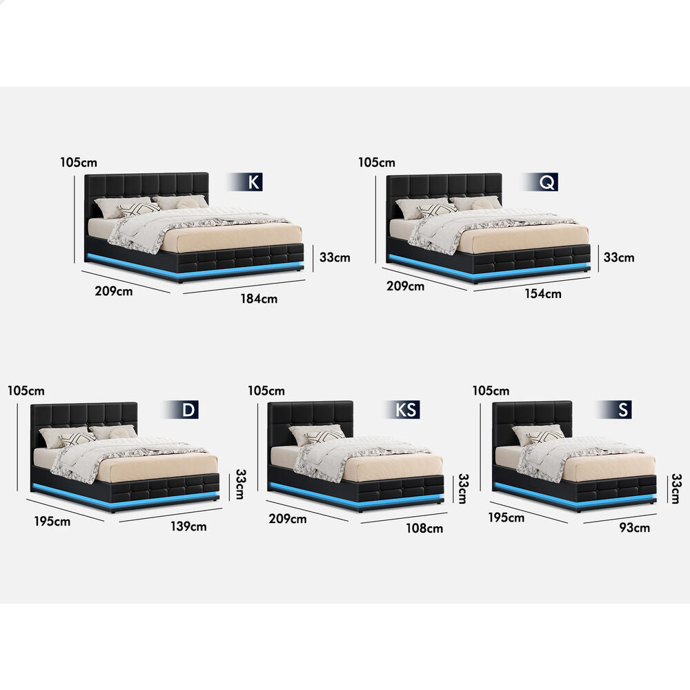 ALFORDSON Bed Frame Single Size Platform RGB LED Gas Lift Base Storage Black