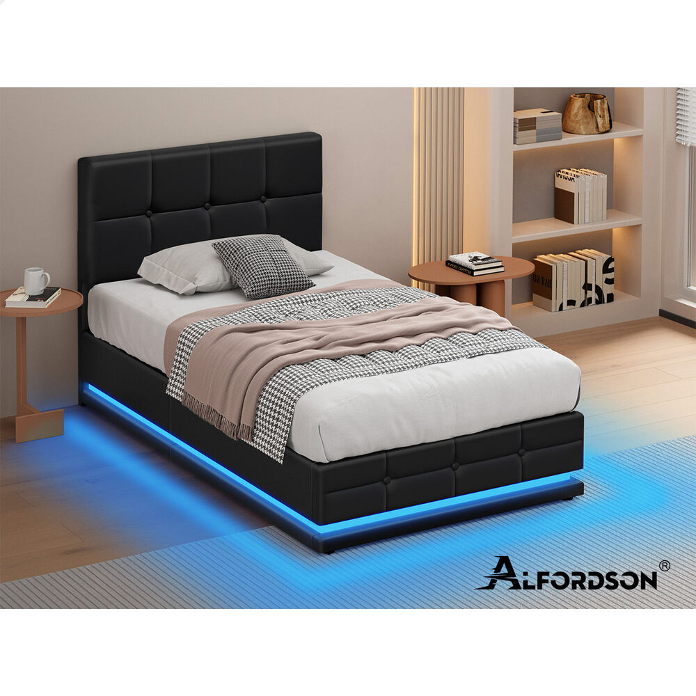 ALFORDSON Bed Frame Single Size Platform RGB LED Gas Lift Base Storage Black