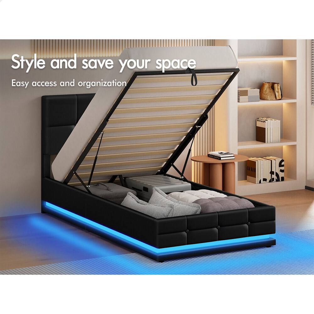 ALFORDSON Bed Frame Single Size Platform RGB LED Gas Lift Base Storage Black