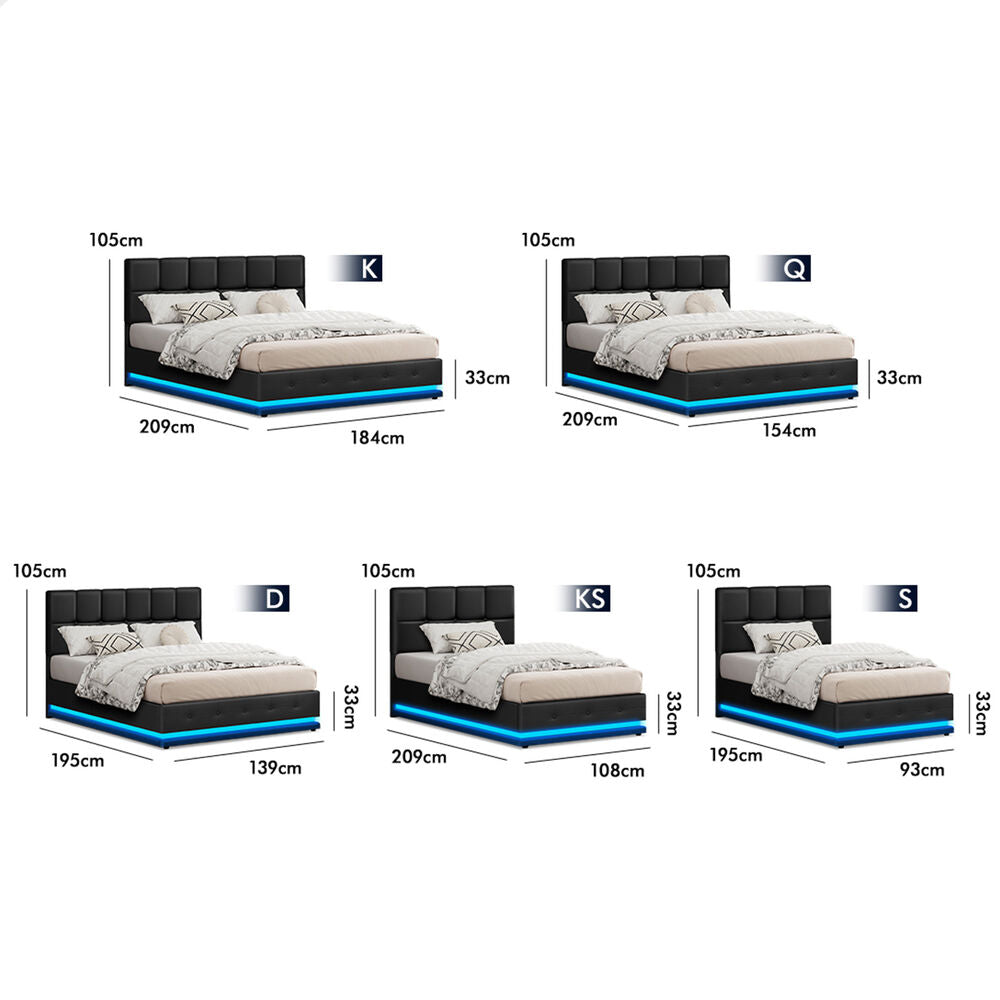 ALFORDSON Bed Frame Single Size Platform RGB LED Gas Lift Base Storage Black