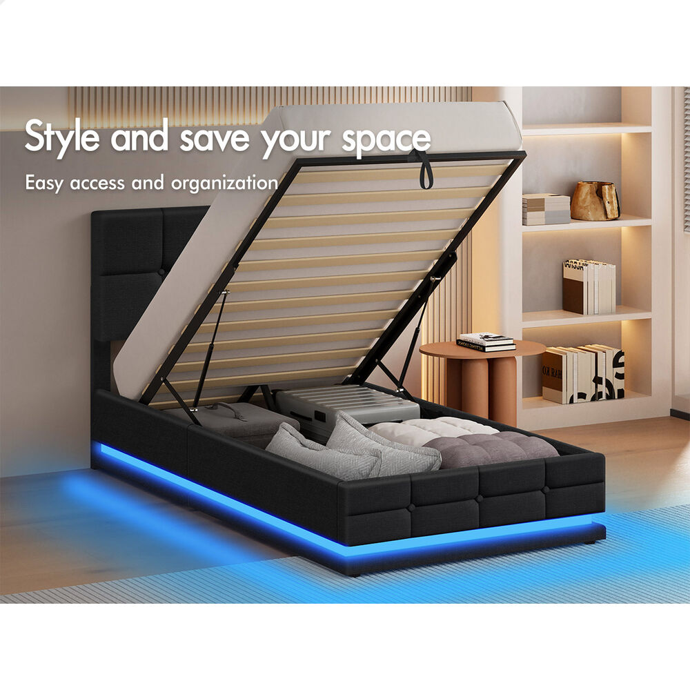 ALFORDSON Bed Frame Single Size Platform RGB LED Gas Lift Base Storage Charcoal