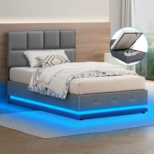 ALFORDSON Bed Frame Single Size Platform RGB LED Gas Lift Base Storage Grey