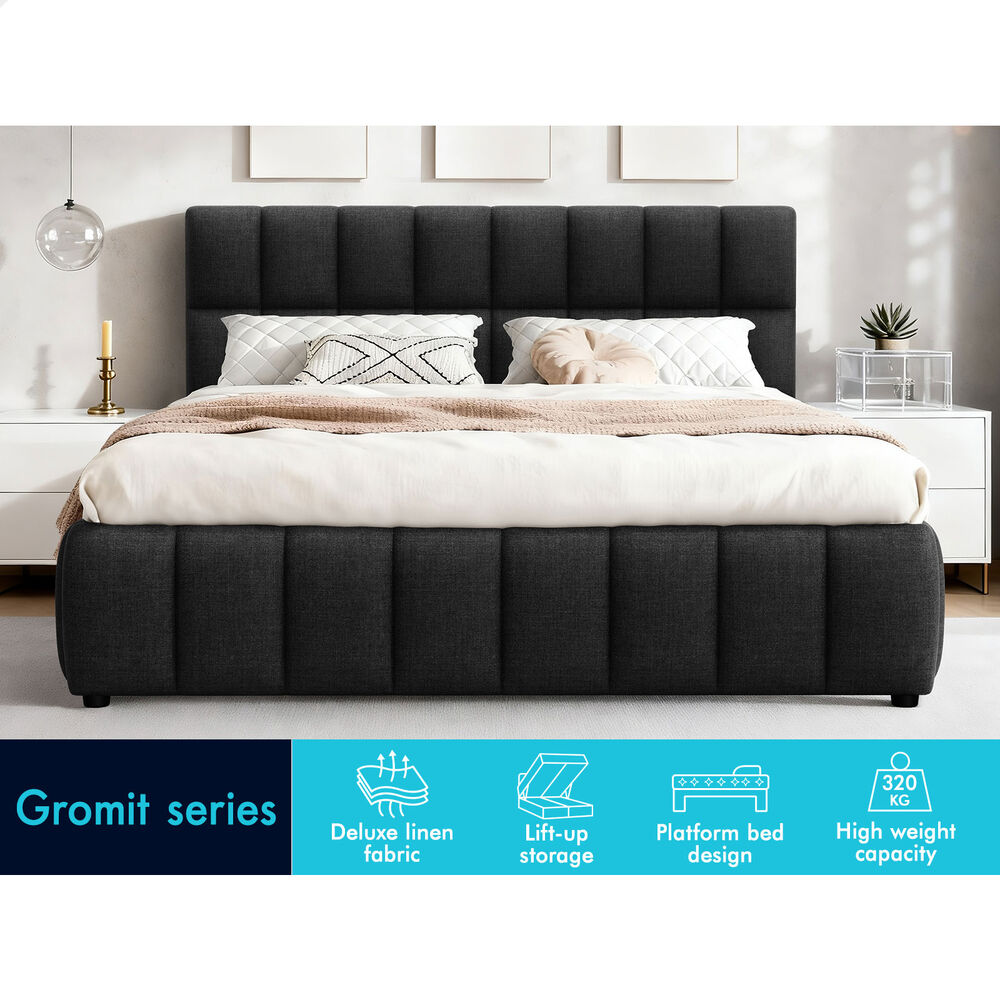 ALFORDSON Bed Frame Double Size Grid Tufted Gas Lift Storage Charcoal Gromit
