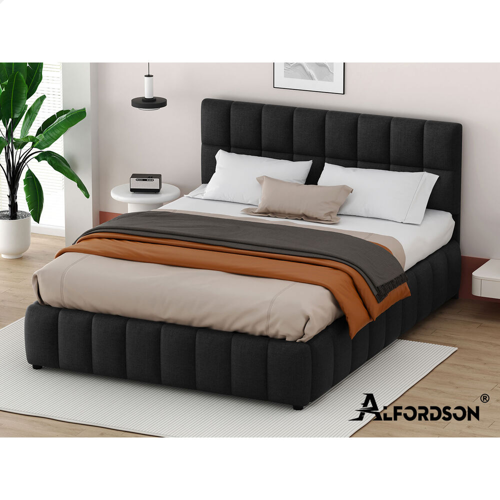 ALFORDSON Bed Frame Double Size Grid Tufted Gas Lift Storage Charcoal Gromit